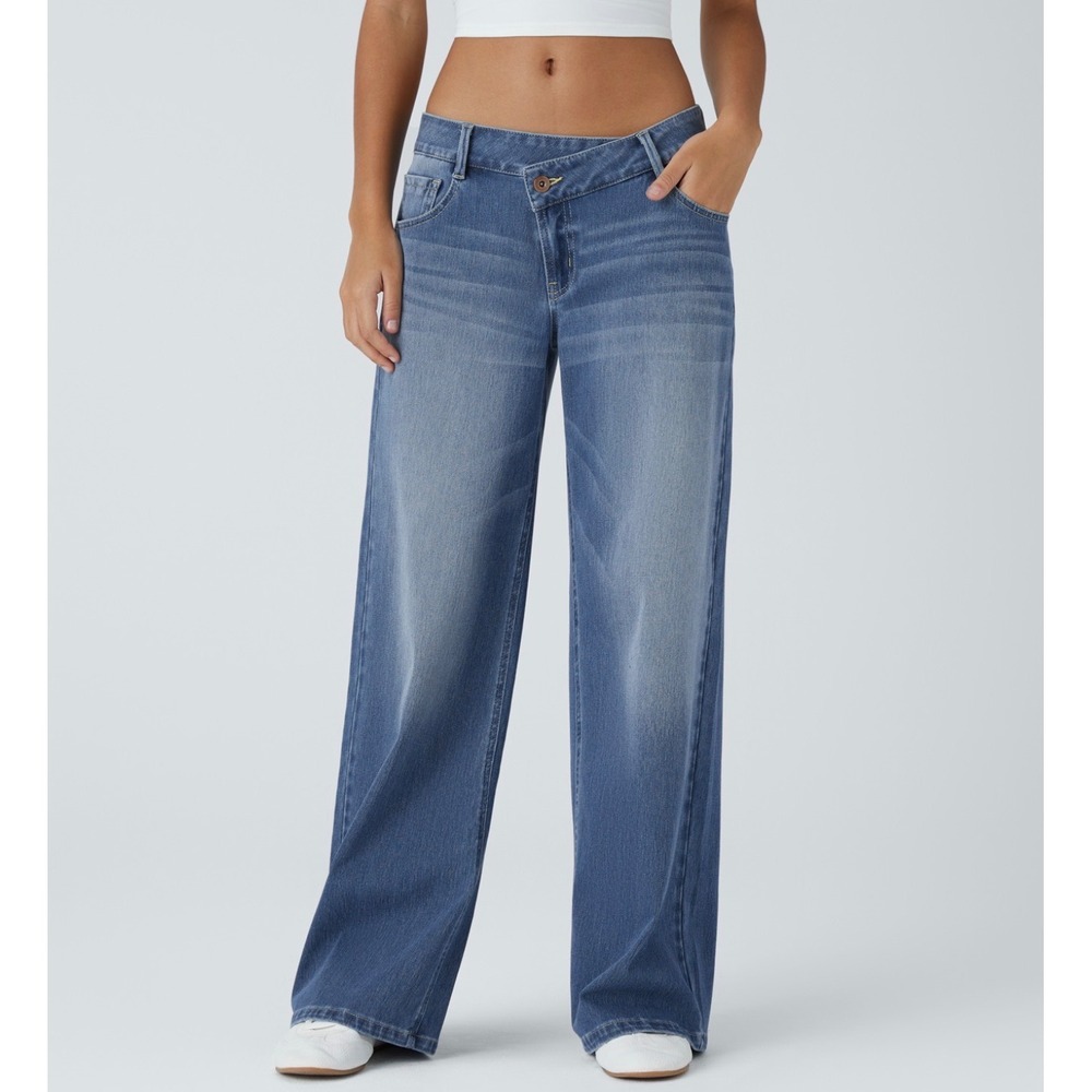 Halara Flex Asymmetric Low Rise Zipper Pockets Baggy Wide Leg Jeans Blue XS